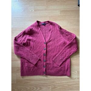 Lands' End Womens XL Berry Pink Cable Knit Wool Blend Button Front Cardigan